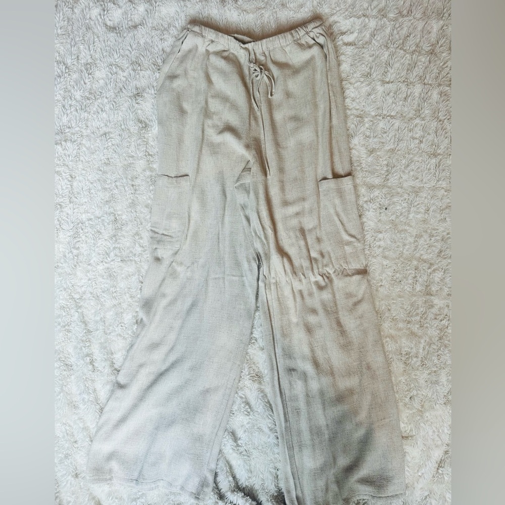 Cream linen cargo pants